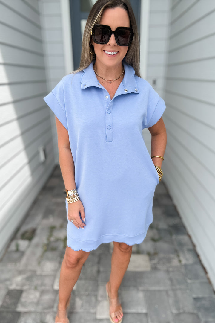 Scallop Trim Shift Dress - Blue