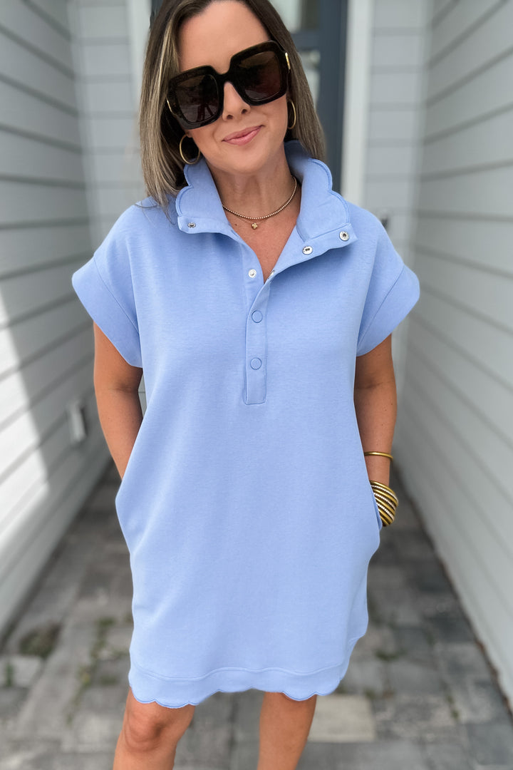 Scallop Trim Shift Dress - Blue