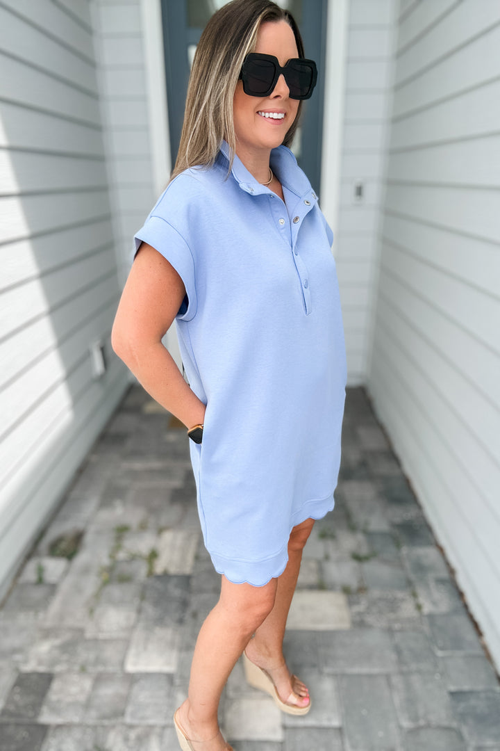 Scallop Trim Shift Dress - Blue
