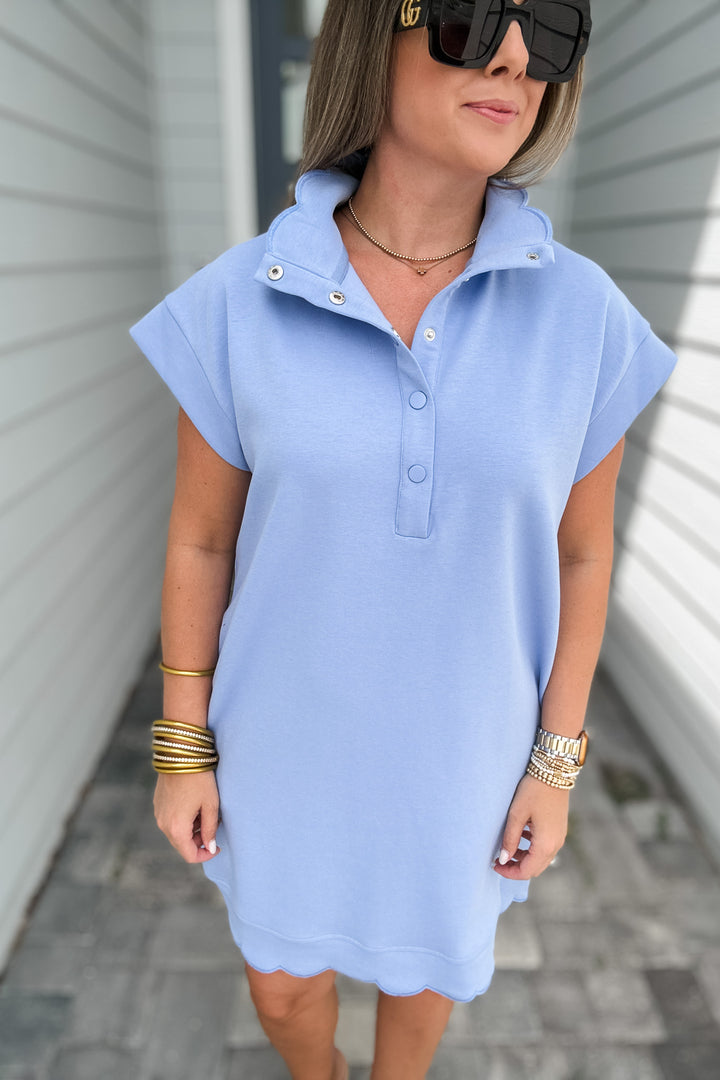 Scallop Trim Shift Dress - Blue
