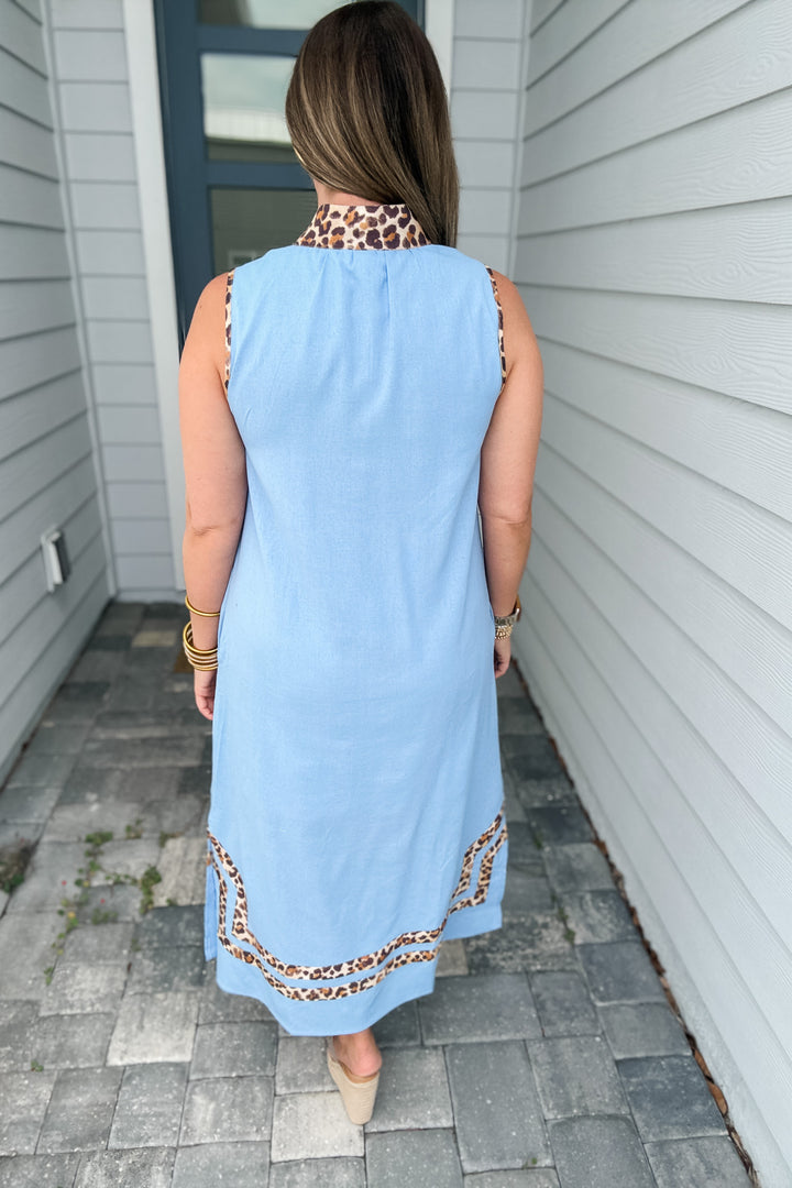 Sophisticated Leopard Trim Midi Dress - Blue