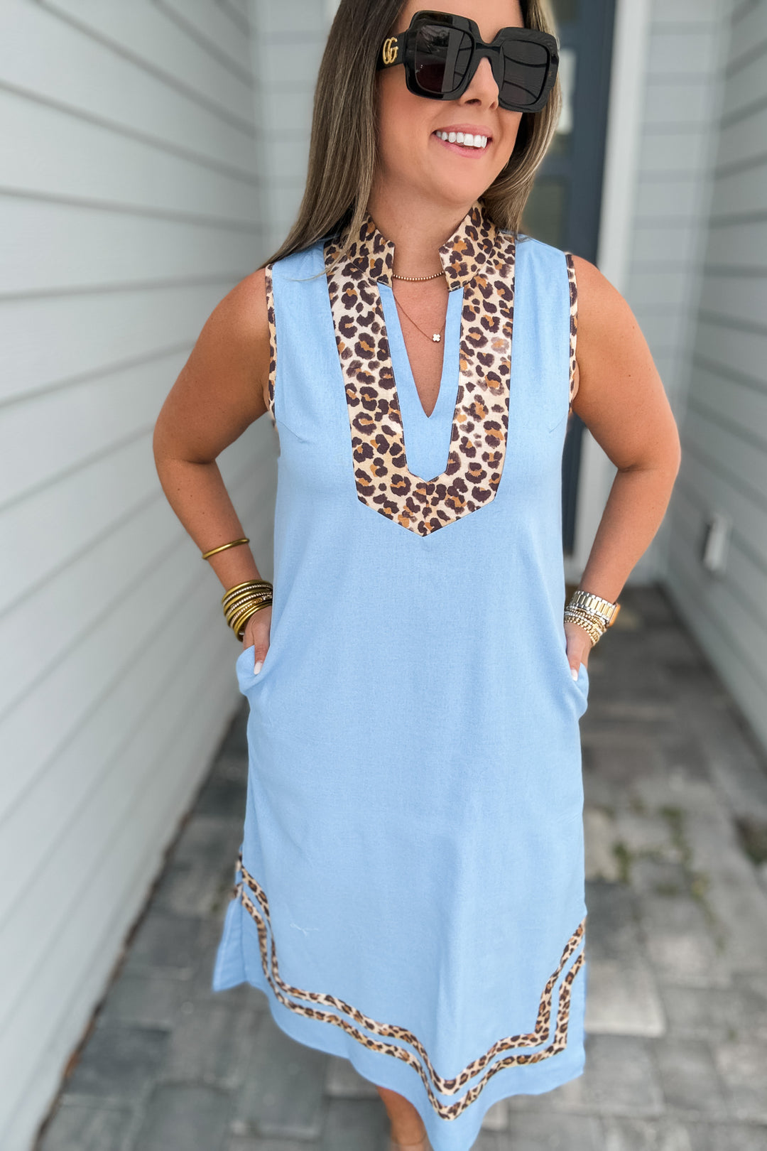 Sophisticated Leopard Trim Midi Dress - Blue