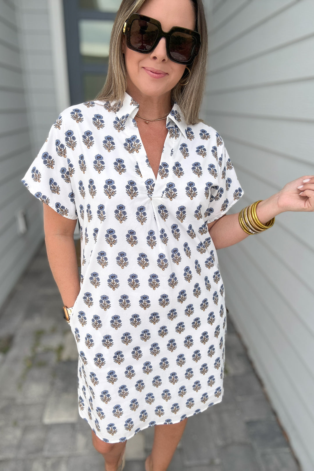 THML:  Wishing Block Print Shift Dress - White