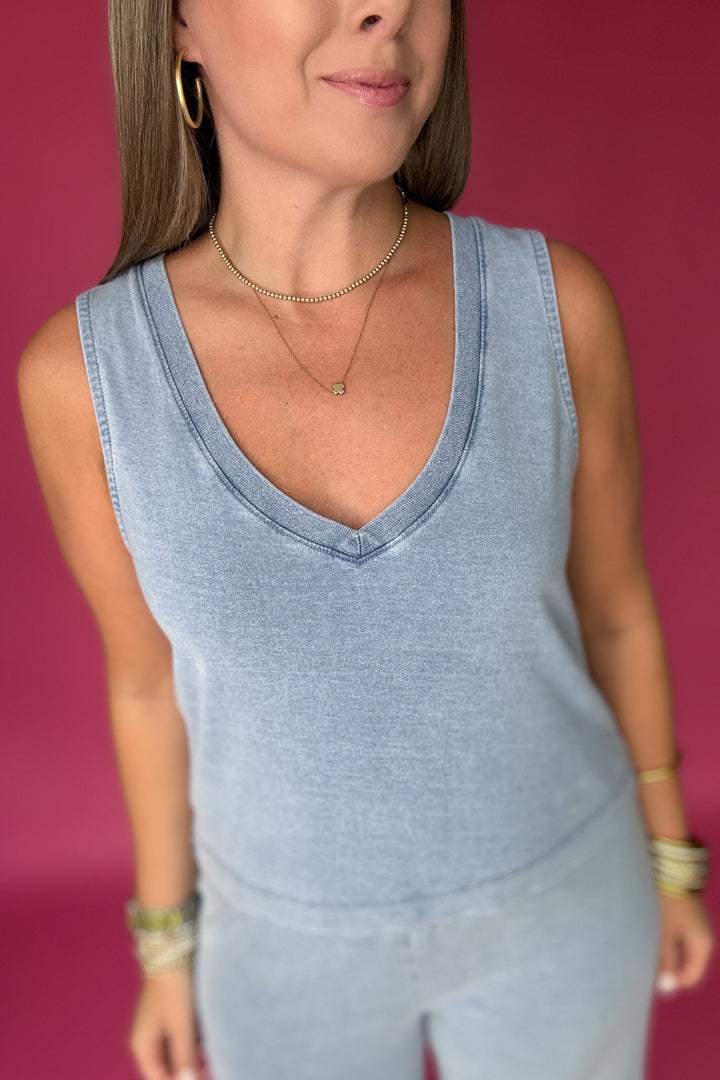 Z Supply: Sloane V-Neck Denim Top- Medium Indigo