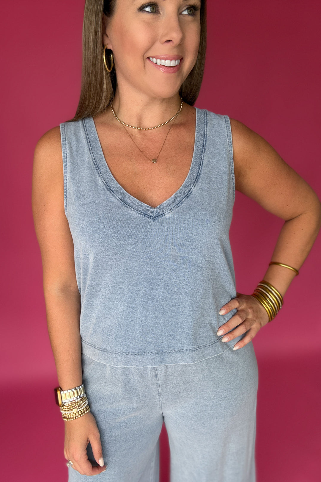 Z Supply: Sloane V-Neck Denim Top- Medium Indigo