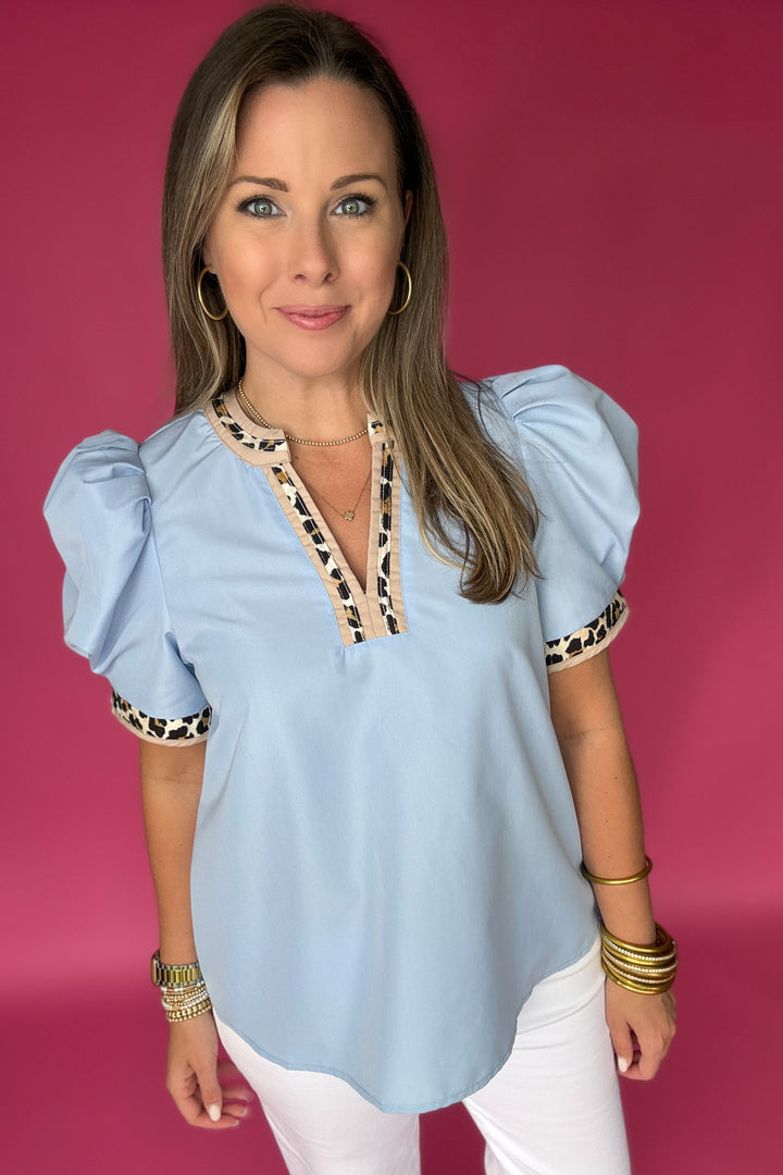 Spring Into Leopard Trim Blouse - Light Blue
