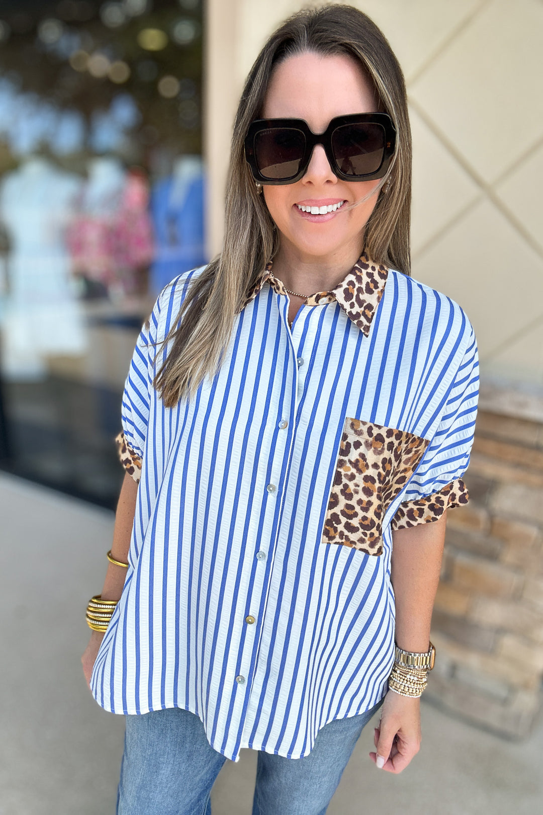 Preppy Chic Leopard Stripe Button Down