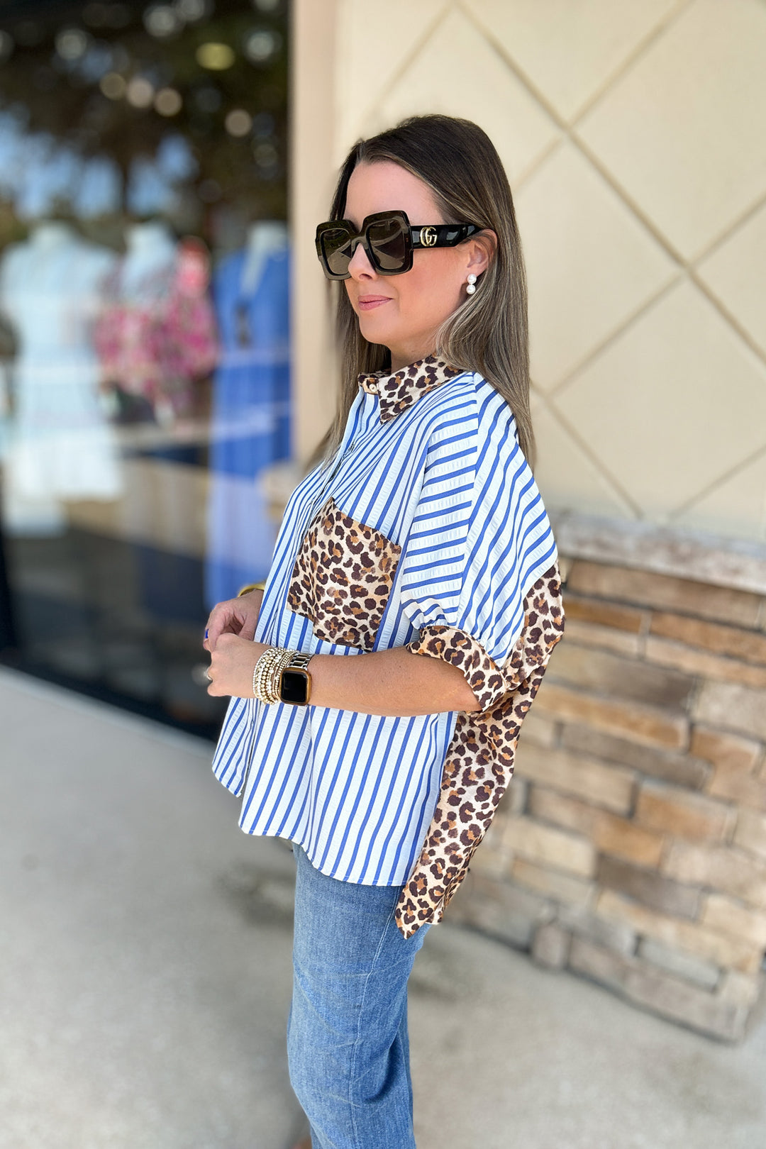 Preppy Chic Leopard Stripe Button Down