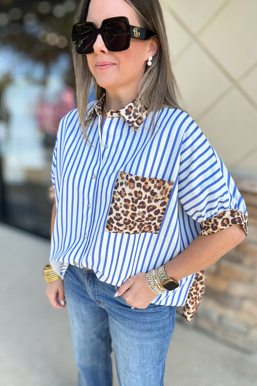 Preppy Chic Leopard Stripe Button Down
