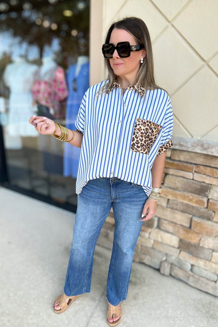 Preppy Chic Leopard Stripe Button Down