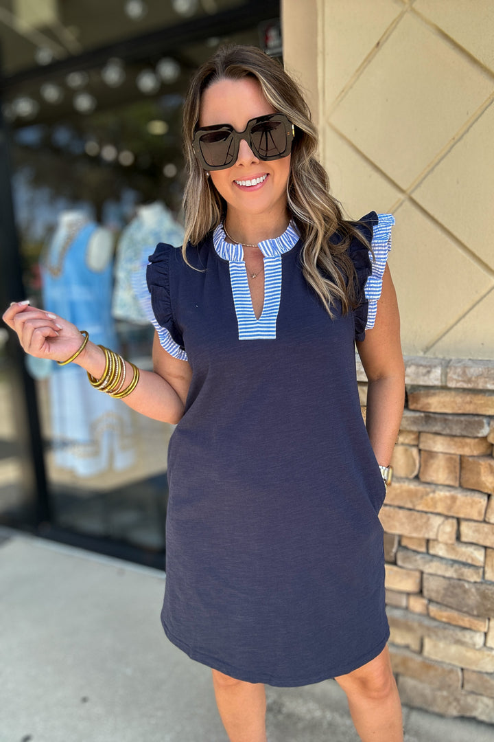 Classic Ruffle Trim Dress - Navy