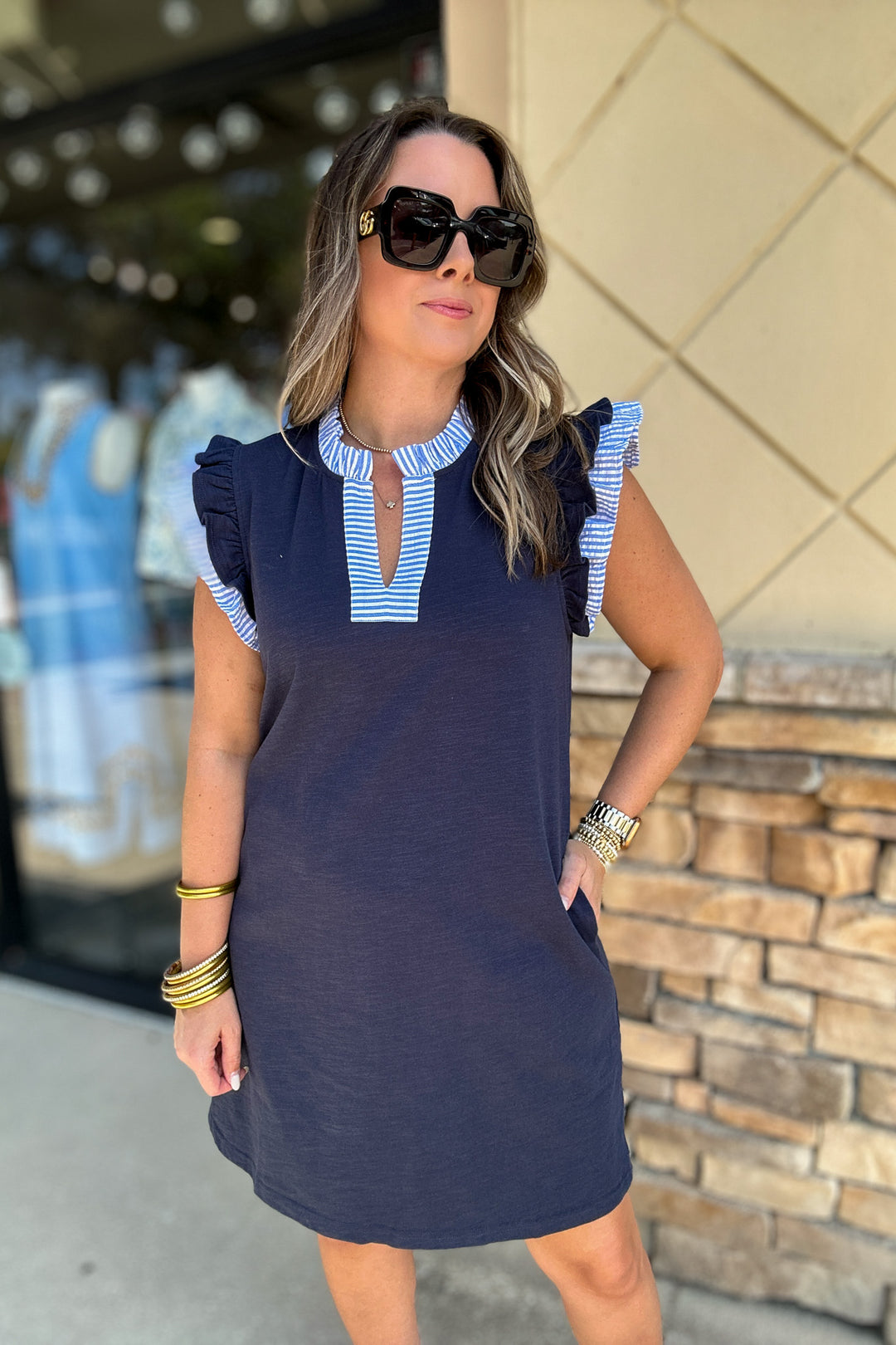 Classic Ruffle Trim Dress - Navy