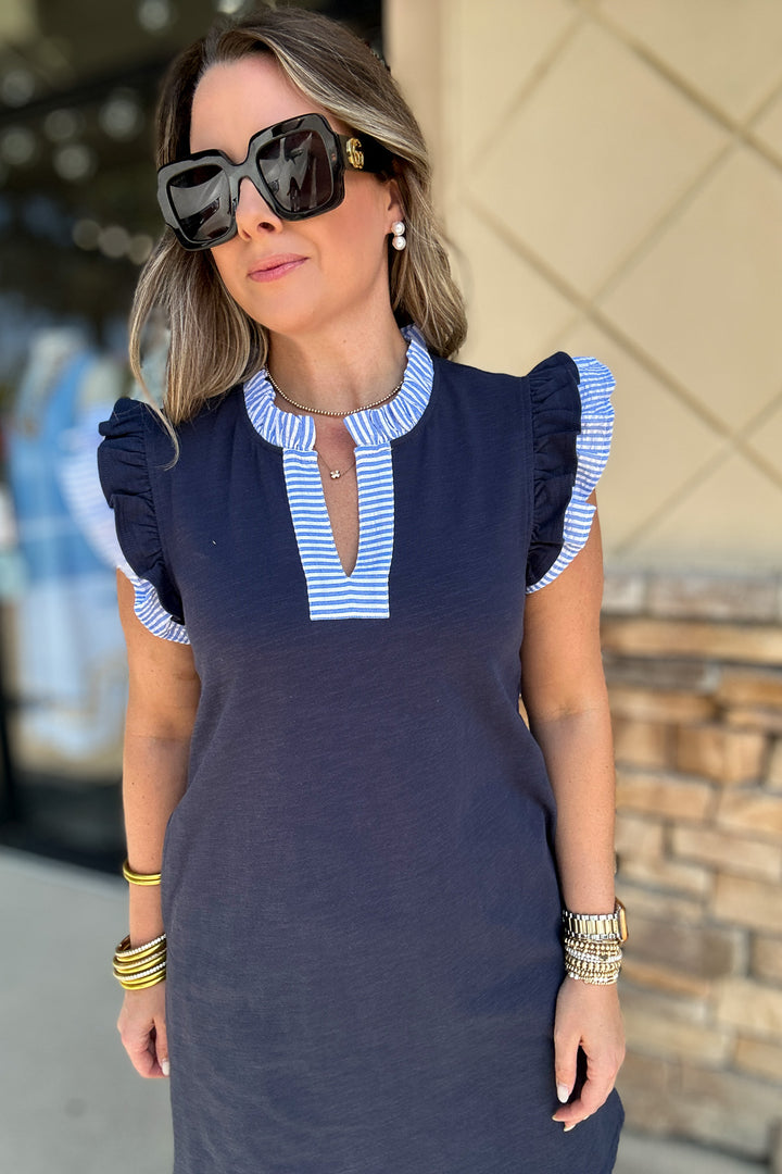Classic Ruffle Trim Dress - Navy
