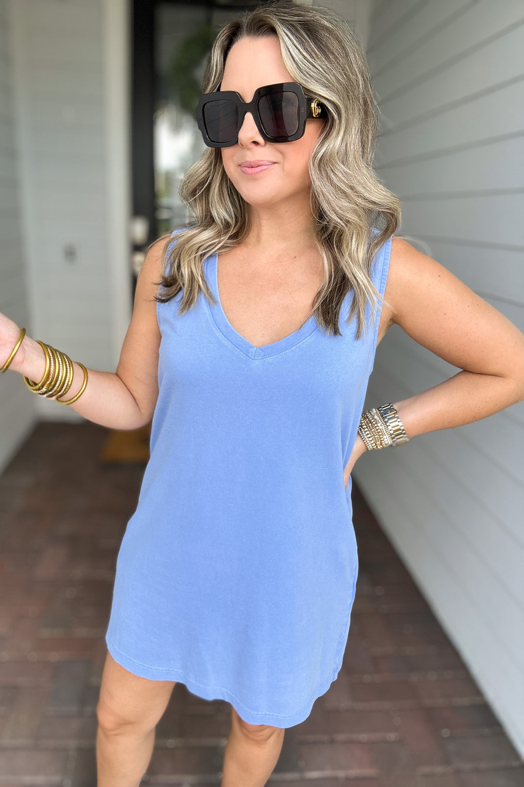 Z Supply: Sloane V-Neck Mini Dress -   Bay Blue