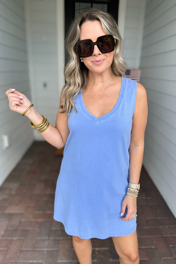 Z Supply: Sloane V-Neck Mini Dress -   Bay Blue