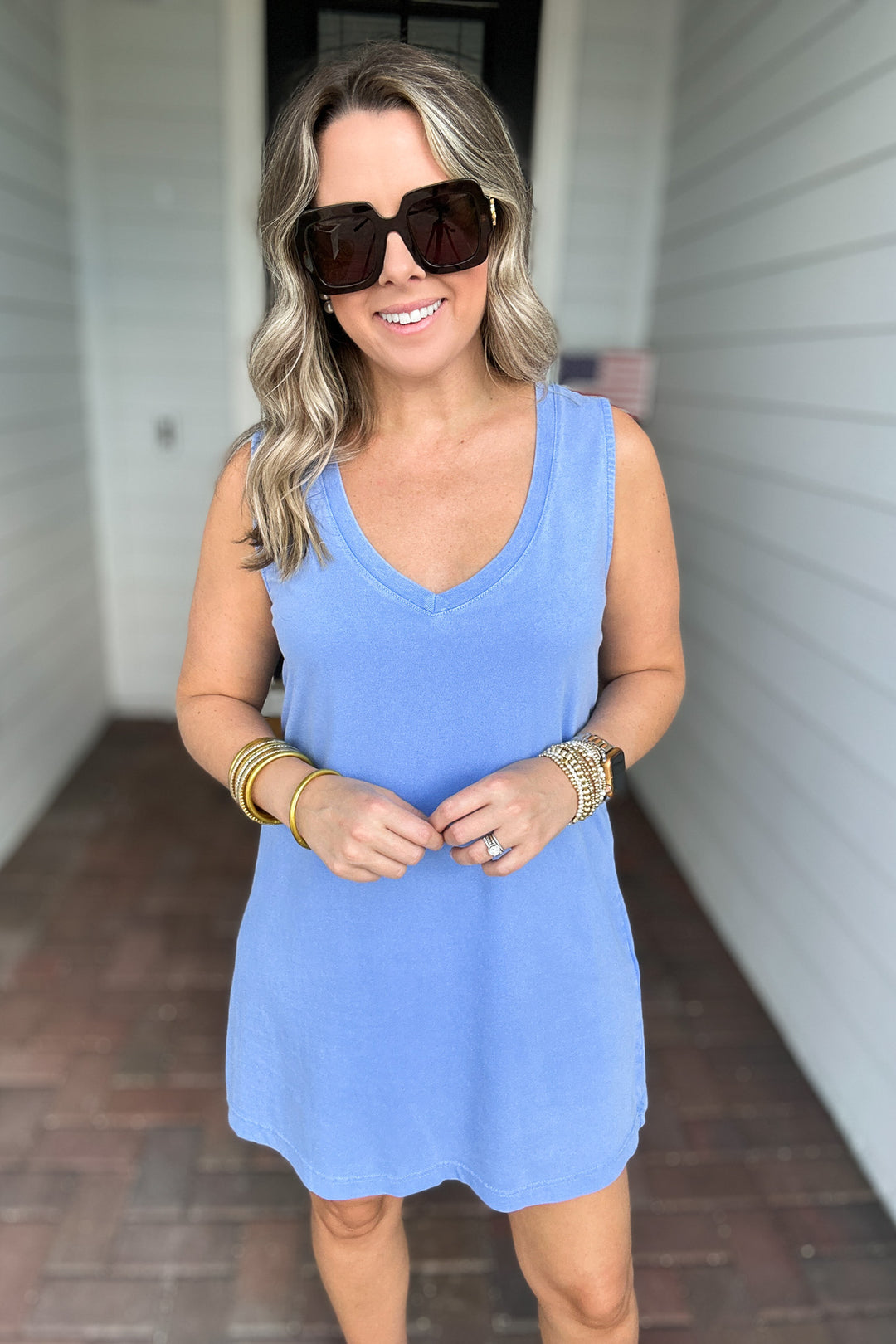 Z Supply: Sloane V-Neck Mini Dress -   Bay Blue