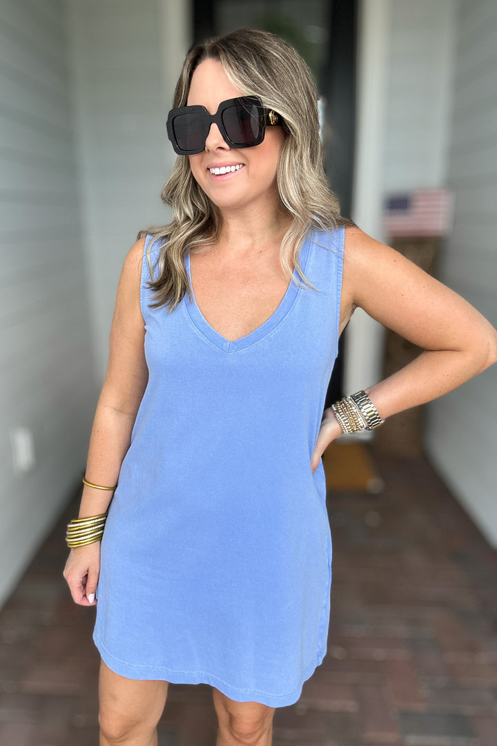 Z Supply: Sloane V-Neck Mini Dress -   Bay Blue