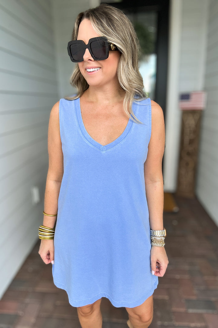Z Supply: Sloane V-Neck Mini Dress -   Bay Blue