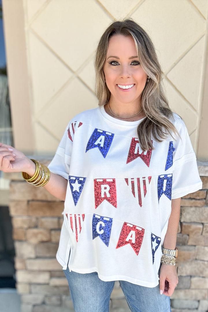 Sequin American Flags Embroidery Oversize Tee