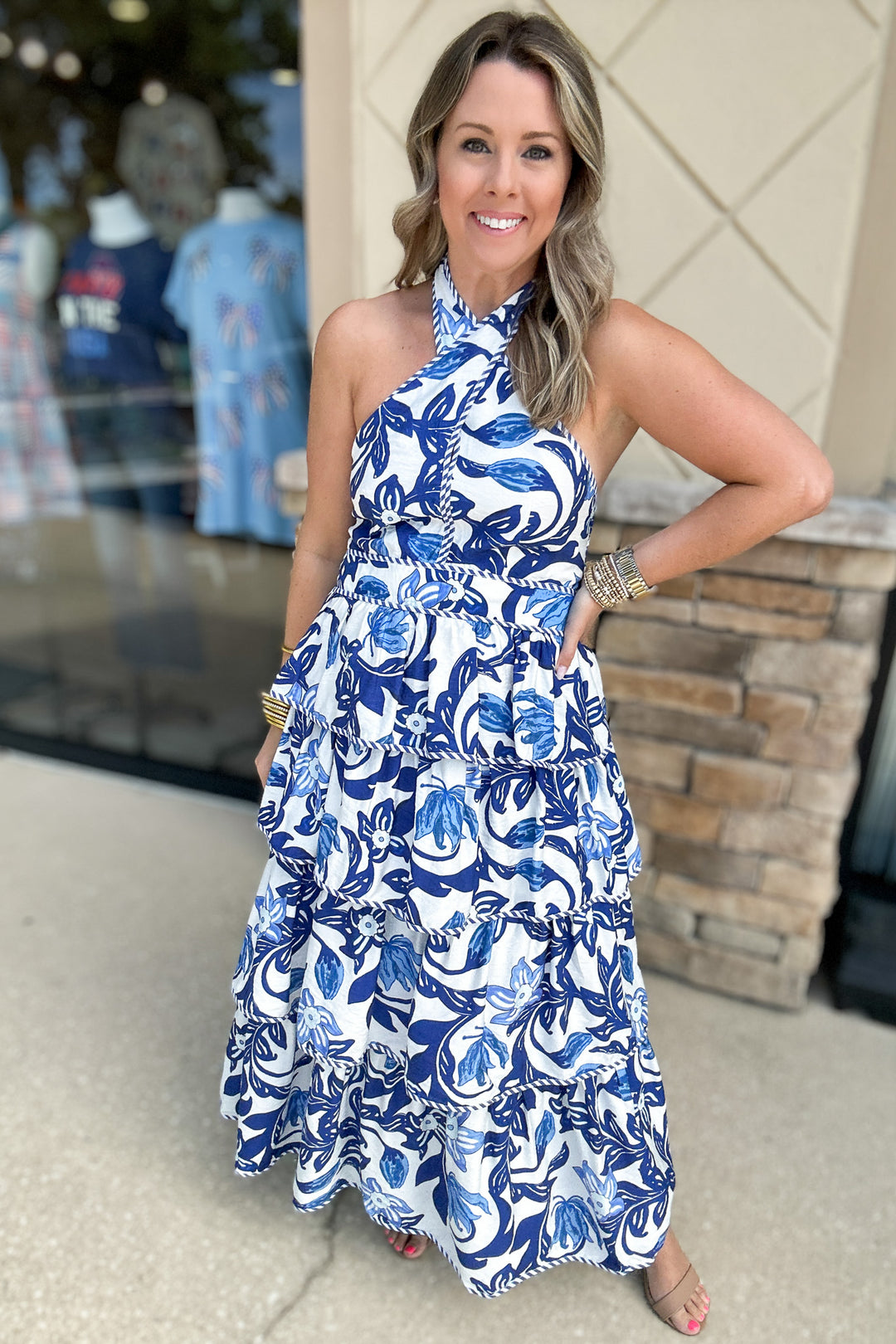 Flourish In Paisley Tiered Halter Midi Dress - Blue
