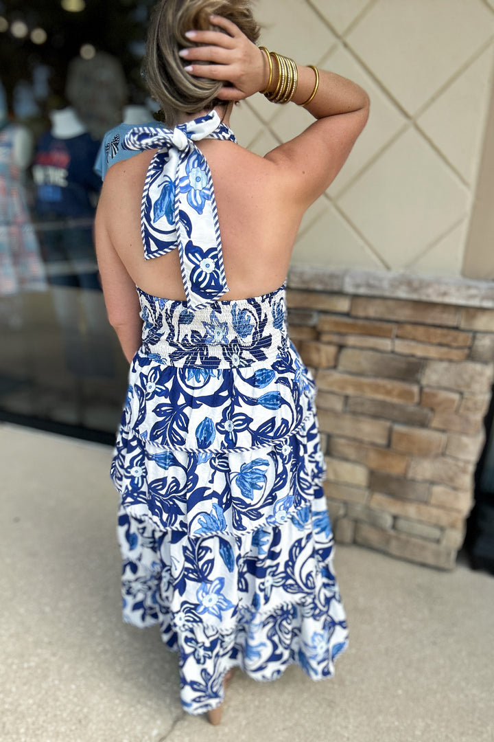 Flourish In Paisley Tiered Halter Midi Dress - Blue