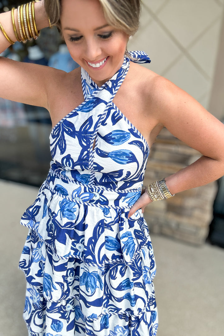 Flourish In Paisley Tiered Halter Midi Dress - Blue