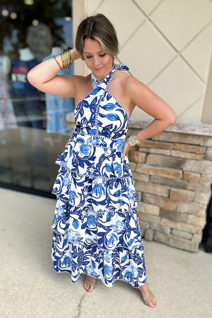 Flourish In Paisley Tiered Halter Midi Dress - Blue
