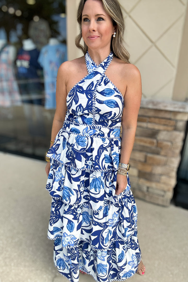 Flourish In Paisley Tiered Halter Midi Dress - Blue