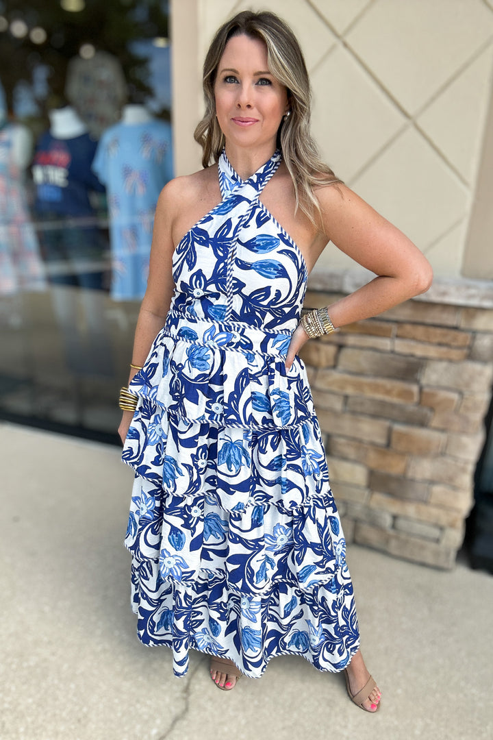 Flourish In Paisley Tiered Halter Midi Dress - Blue