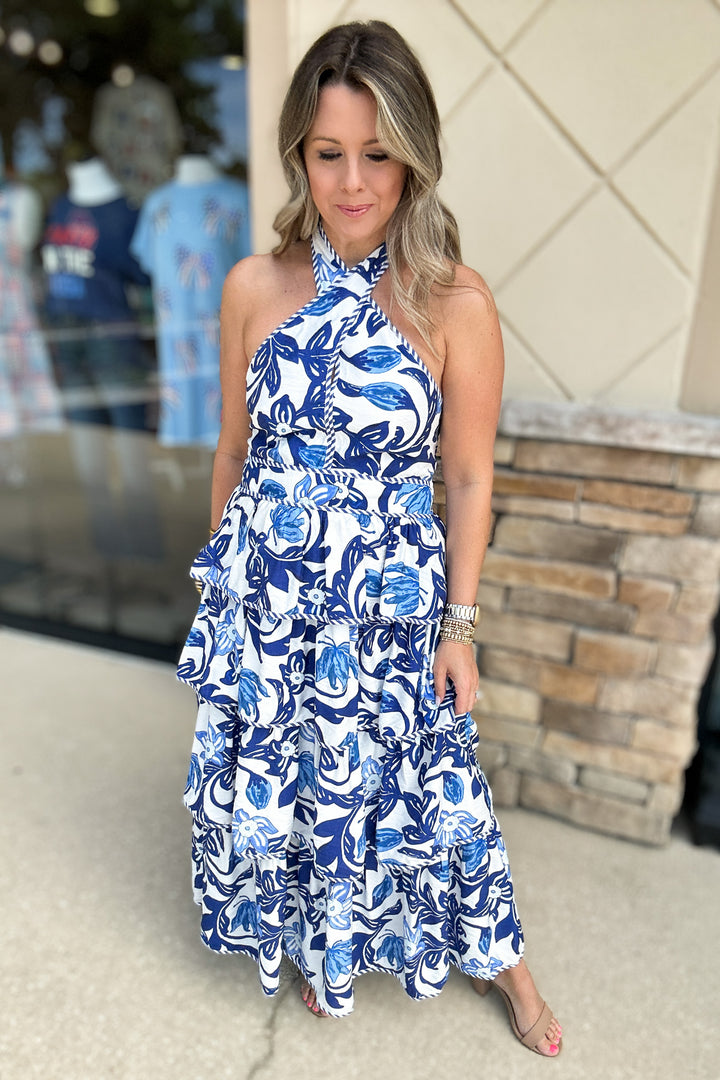 Flourish In Paisley Tiered Halter Midi Dress - Blue