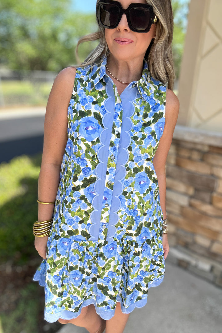 Floral Button Front Scallop Dress