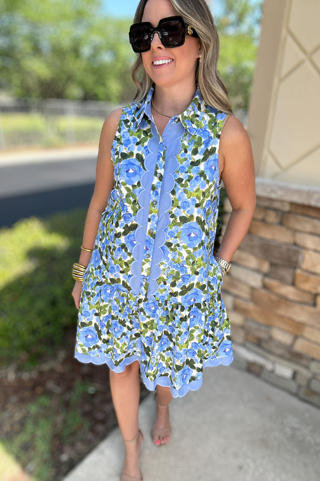 Floral Button Front Scallop Dress