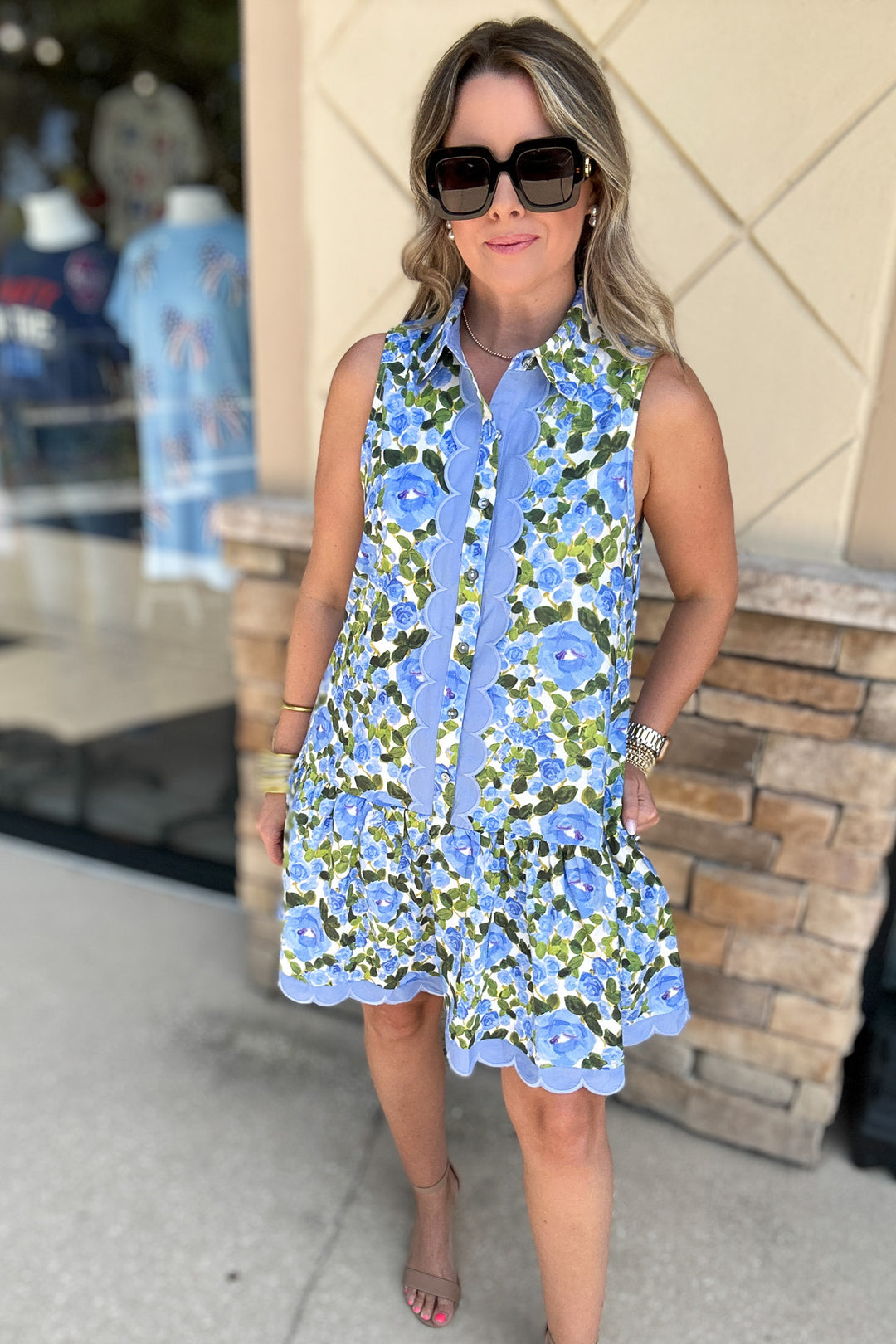 Floral Button Front Scallop Dress