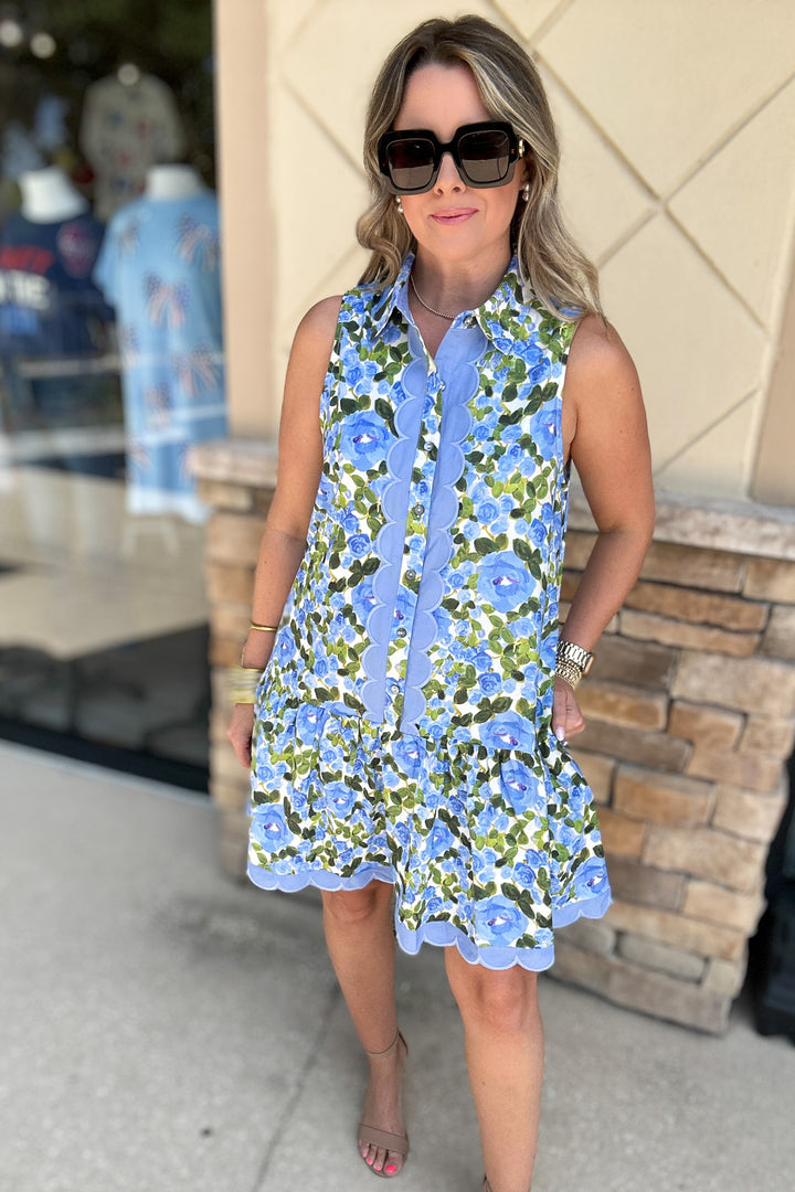 Floral Button Front Scallop Dress