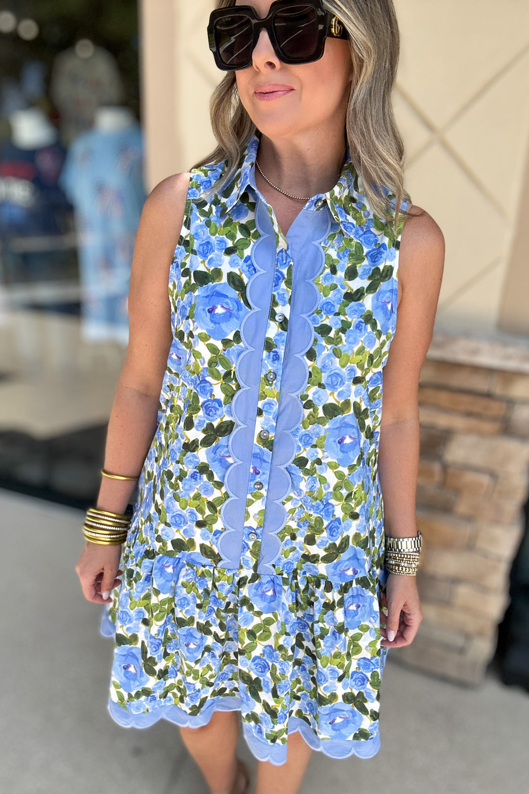 Floral Button Front Scallop Dress