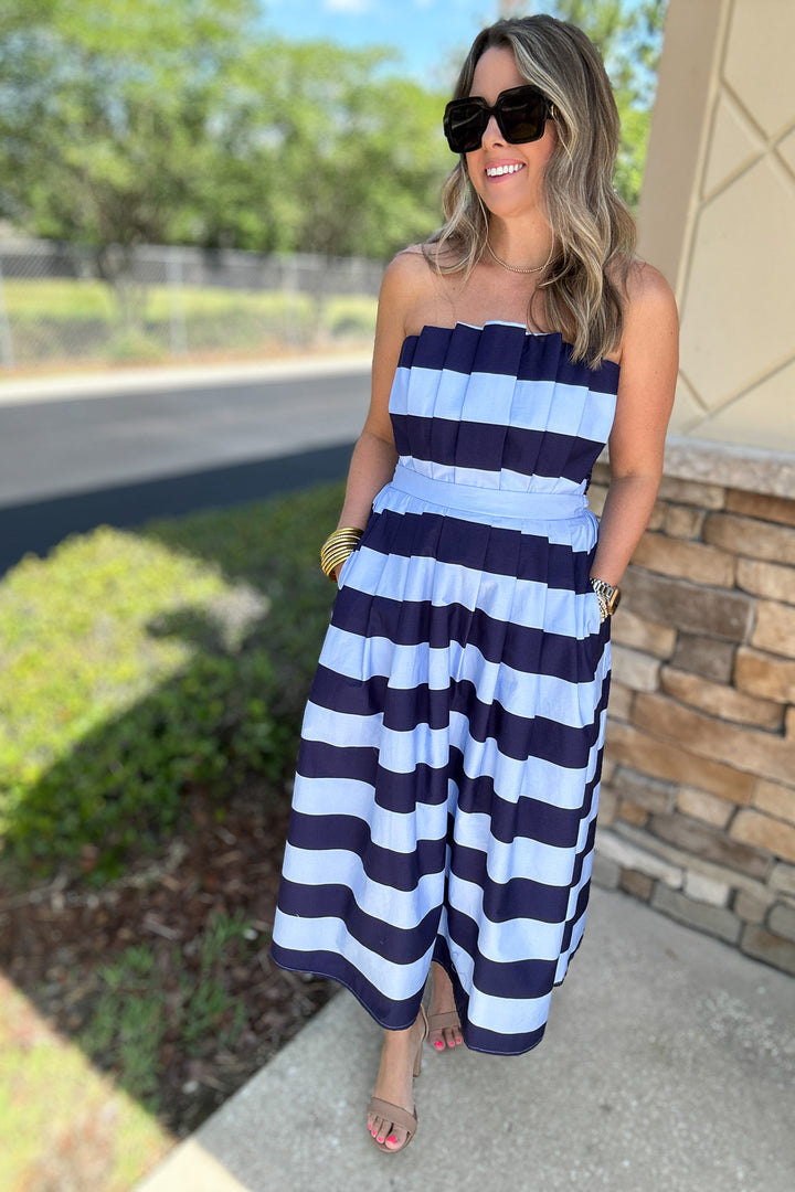 By The Bay Strapless Stripe Midi Dress - Blue