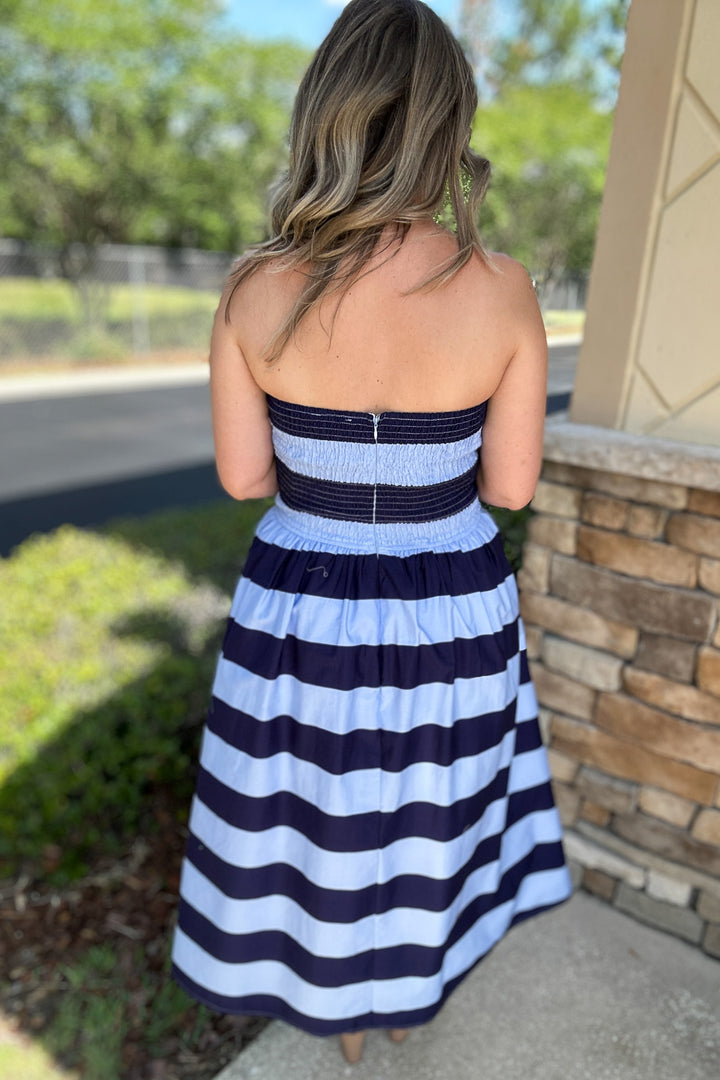 By The Bay Strapless Stripe Midi Dress - Blue