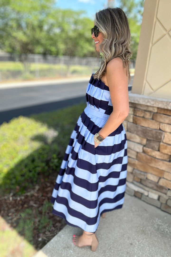 By The Bay Strapless Stripe Midi Dress - Blue