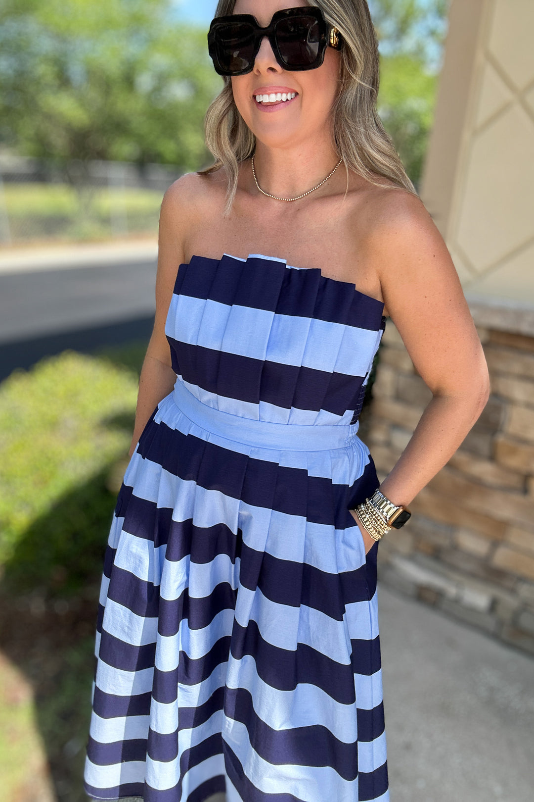 By The Bay Strapless Stripe Midi Dress - Blue