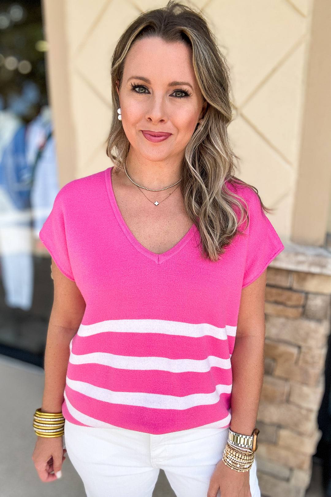 Hannah Pink Stripe Short Sleeve Sweater - Pink - B Social Boutique