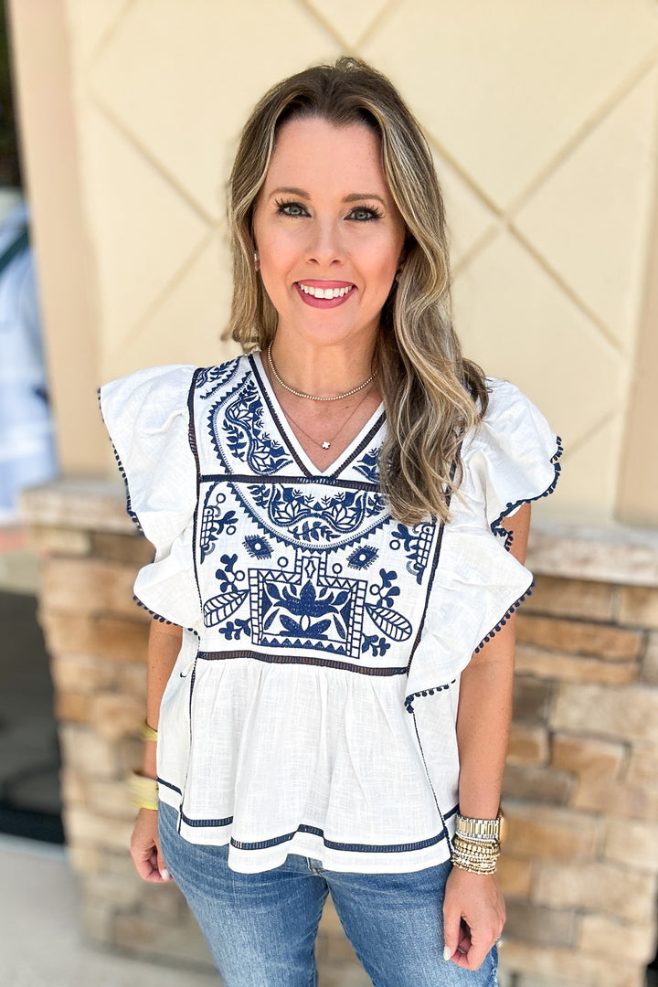 Flutter Embroidered Blouse - Off White
