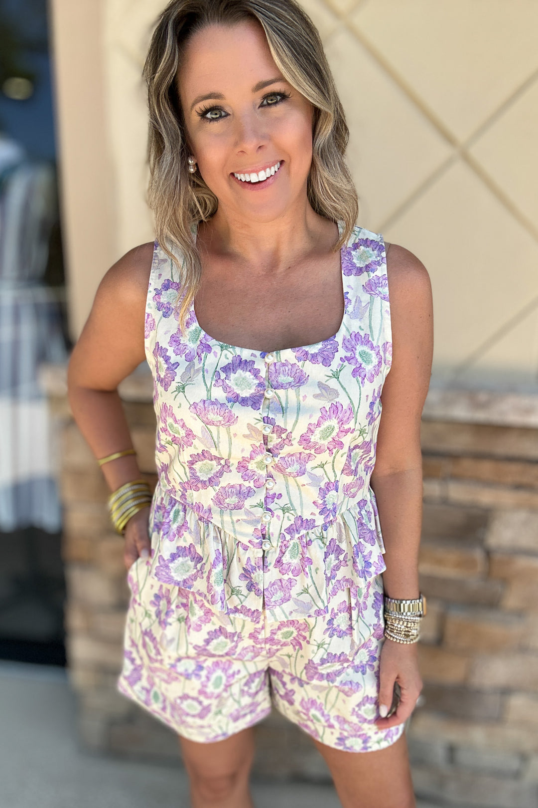 Summer In Bloom Peplum Pearl  Button Tank - Lilac