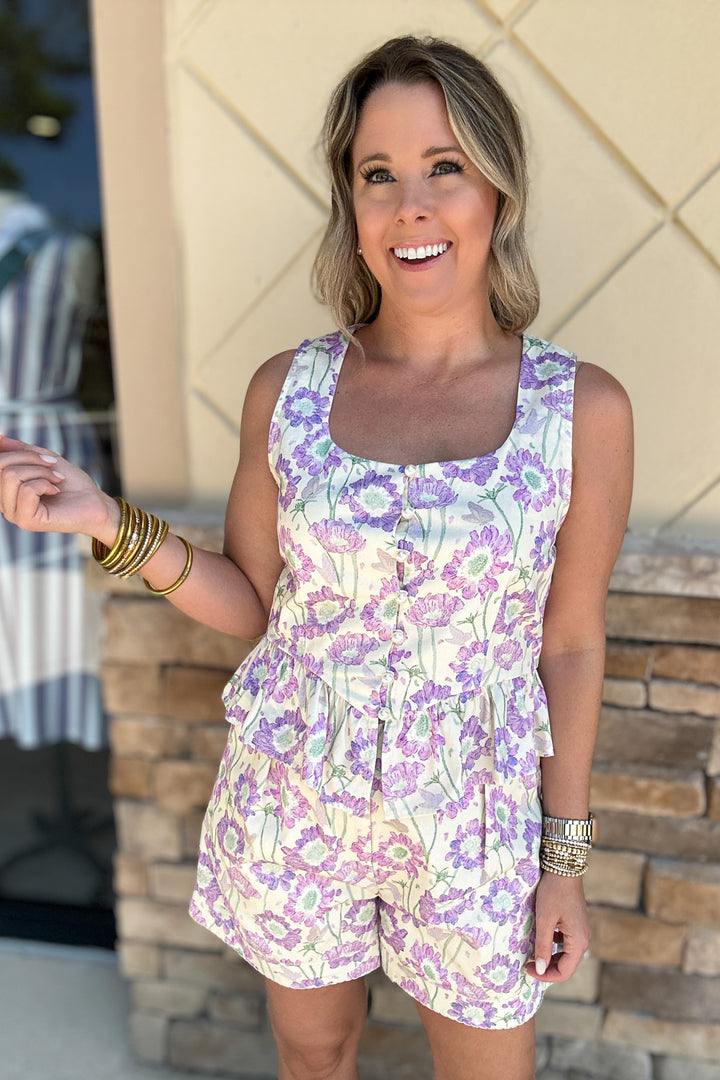 Summer In Bloom Peplum Pearl  Button Tank - Lilac