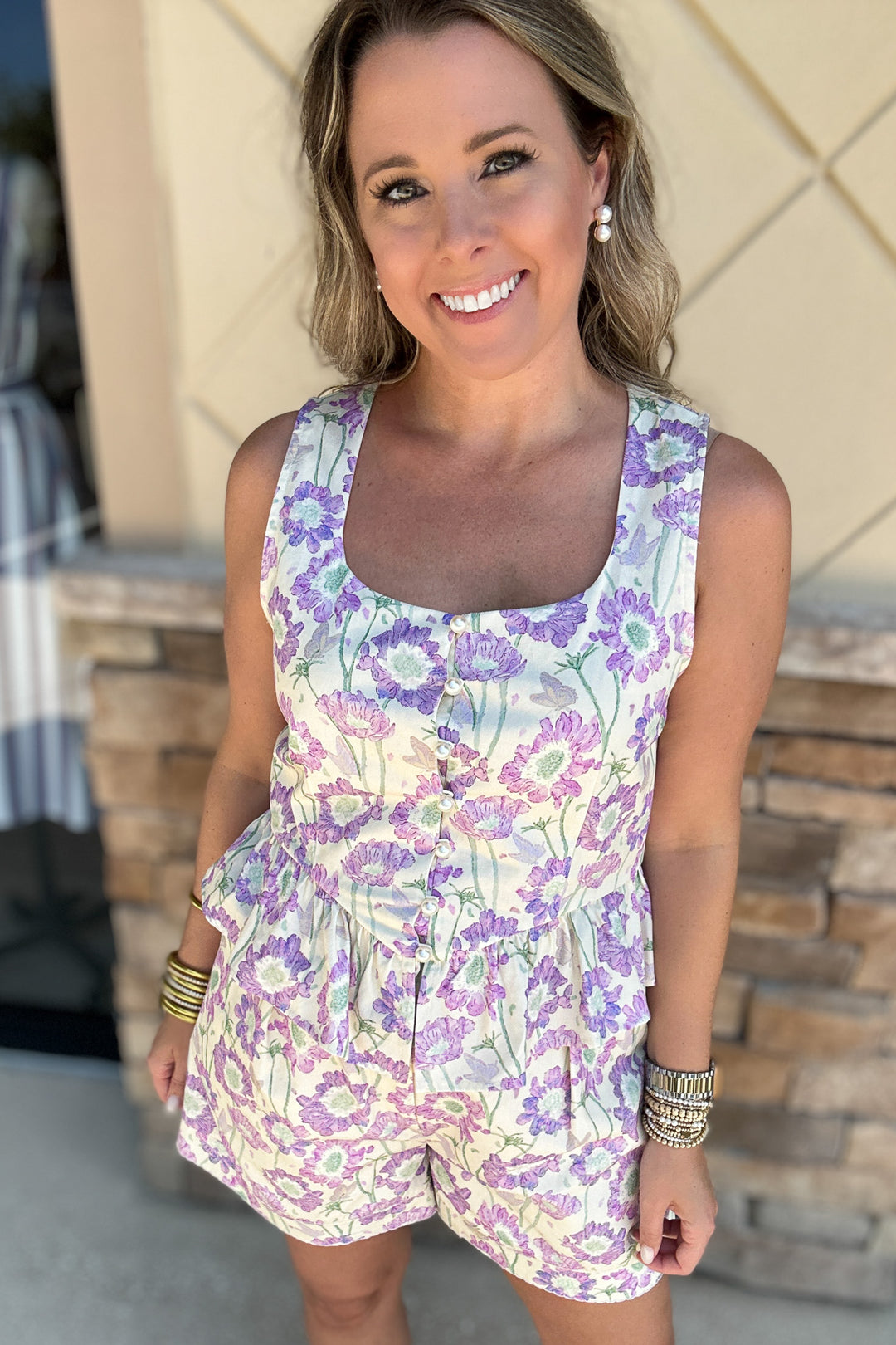 Summer In Bloom Peplum Pearl  Button Tank - Lilac