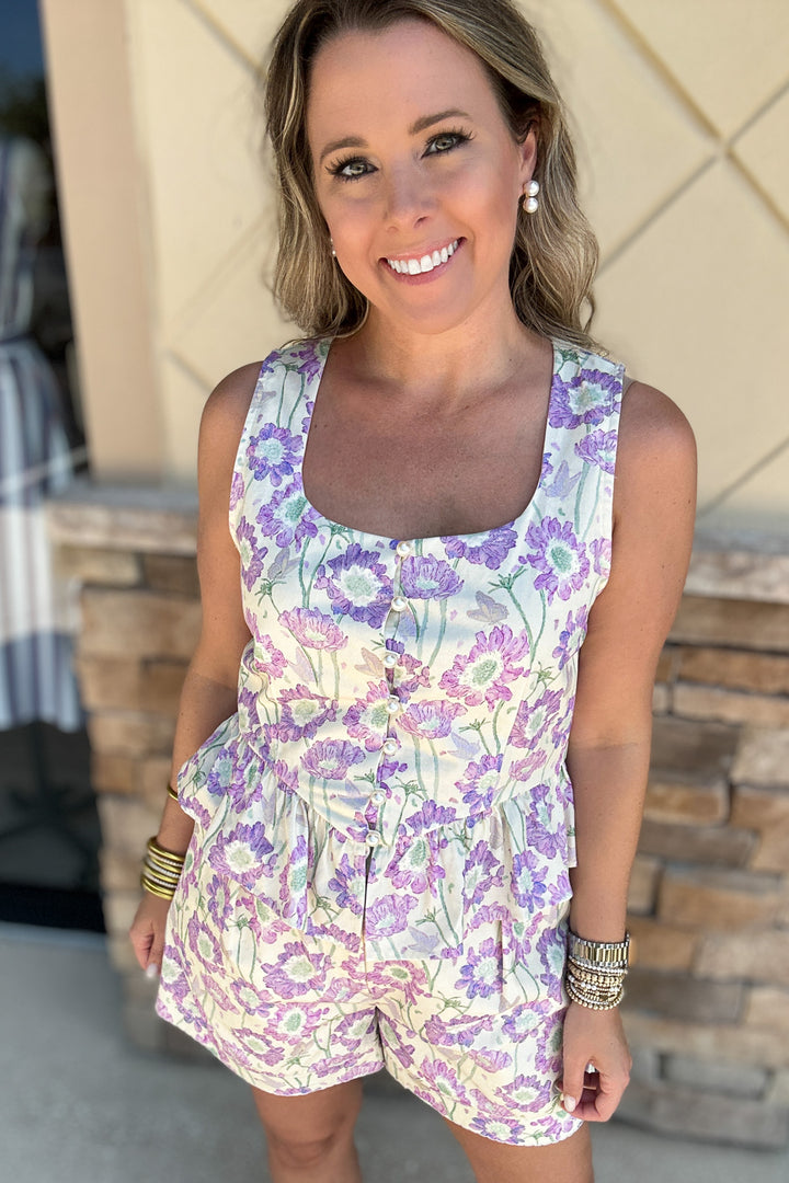 Summer In Bloom Peplum Pearl  Button Tank - Lilac