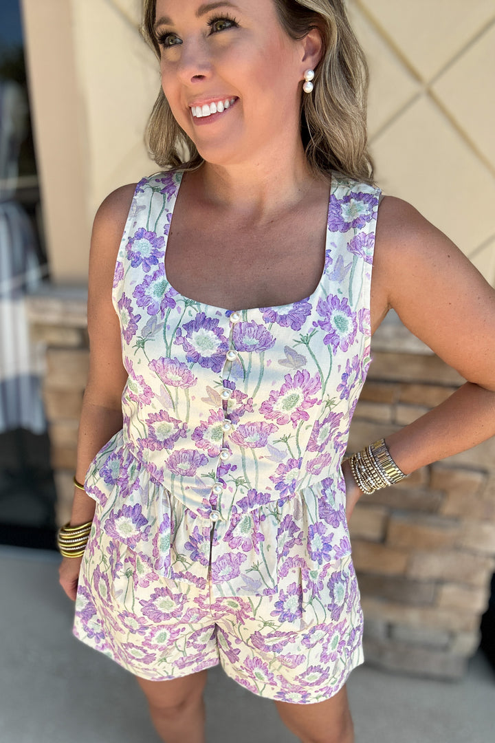 Summer In Bloom Peplum Pearl  Button Tank - Lilac