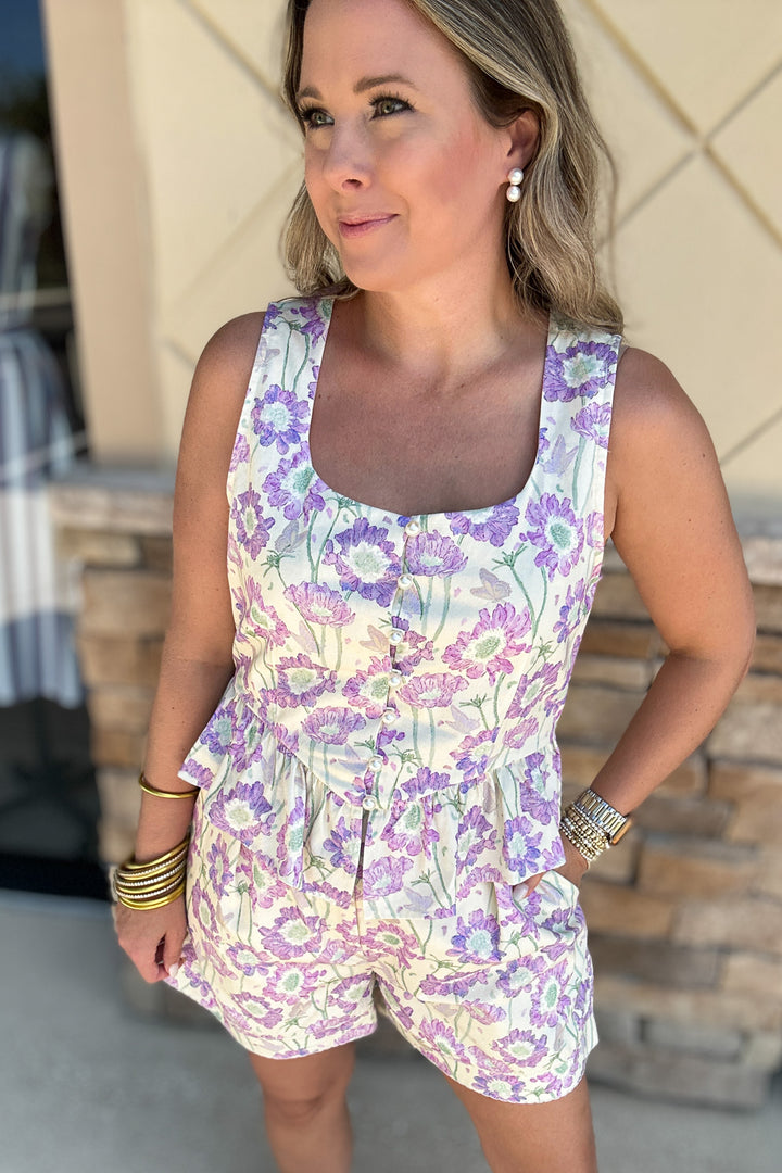 Summer In Bloom Peplum Pearl  Button Tank - Lilac