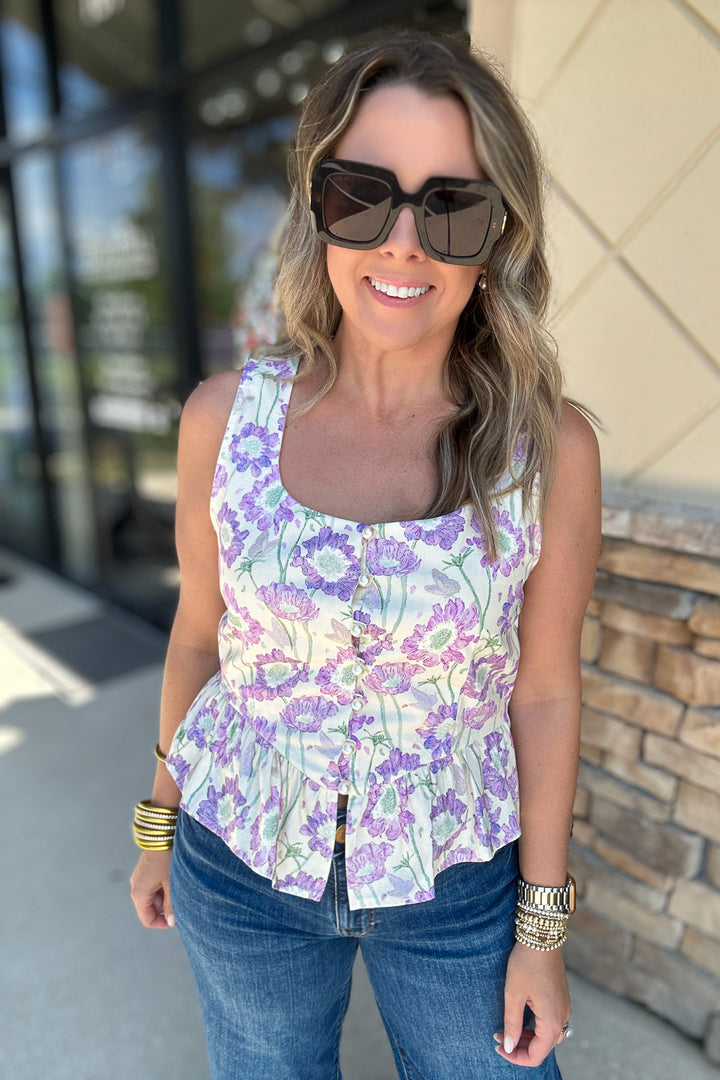 Summer In Bloom Peplum Pearl  Button Tank - Lilac