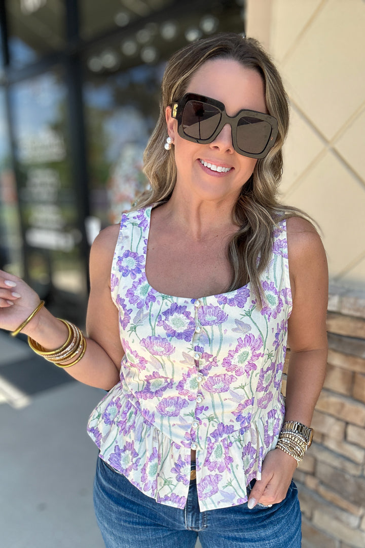 Summer In Bloom Peplum Pearl  Button Tank - Lilac