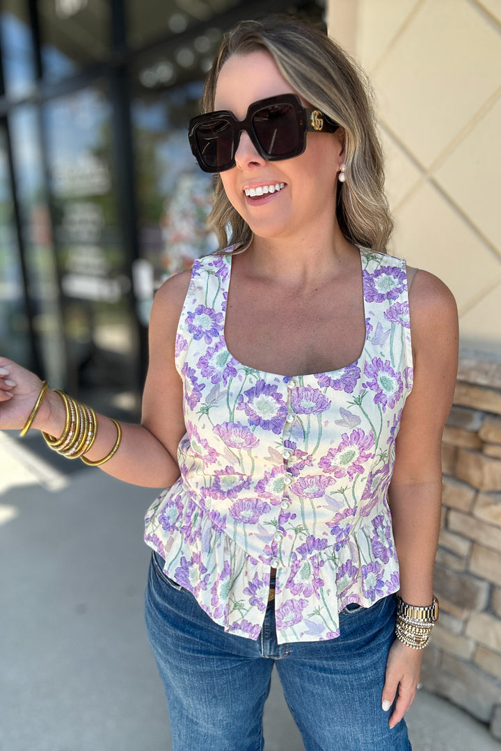 Summer In Bloom Peplum Pearl  Button Tank - Lilac